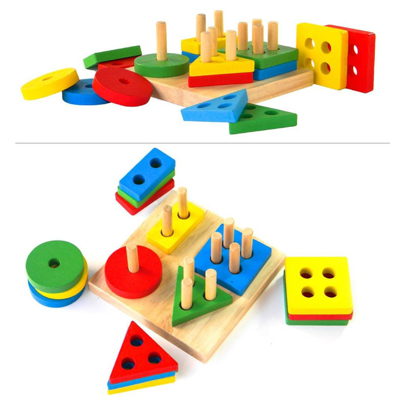 Brain Booster Wooden Stacking Toys & Stand Board 4 Column Puzzle Shape Early Learning Educational Toys For Kids