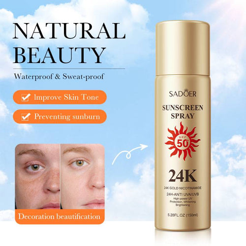 SADOER 24K Gold Sunscreen Spray SPF50+ PA+++ Nicotinamide 24H-Anti UVA/UVB High Protection Whitening Spray 150ml