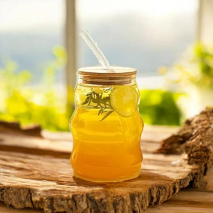 Transparent Ripple Glass Juice Jar With Bamboo Lid And Straw