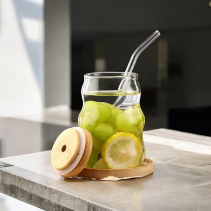 Transparent Ripple Glass Juice Jar With Bamboo Lid And Straw