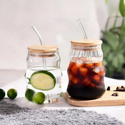 Transparent Ripple Glass Juice Jar With Bamboo Lid And Straw