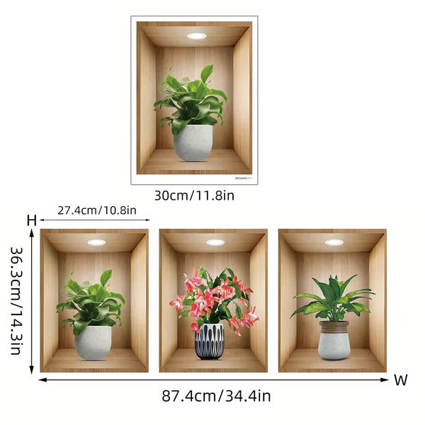 3D Plant Vase Wall Decor Stickers Self Adhesive