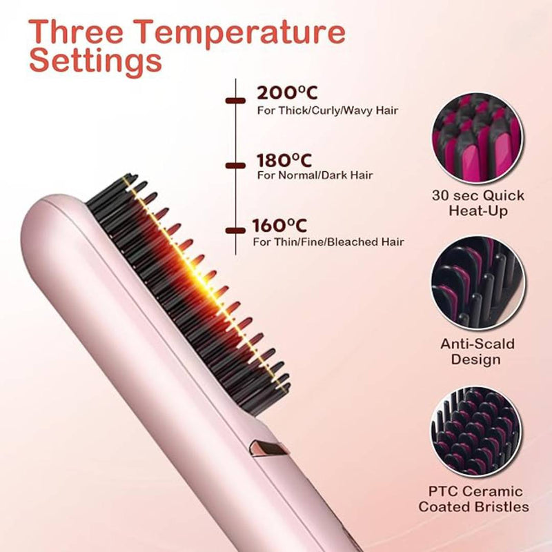 Portable USB Rechargeable Cordless Hair Straightener Brush