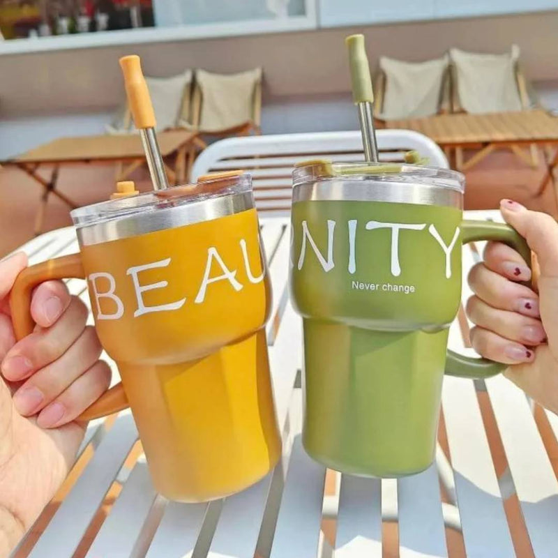 Positive Vibes Stainless Steel Coffee Mug Tumbler With Straw Lid Handle 600ml