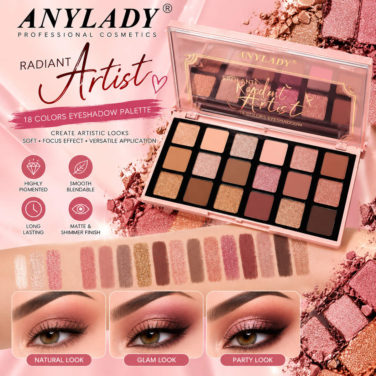 Anylady Radiant Artist 18-Color Eyeshadow Palette – Matte & Shimmer Professional Makeup Palette (Model 8580)