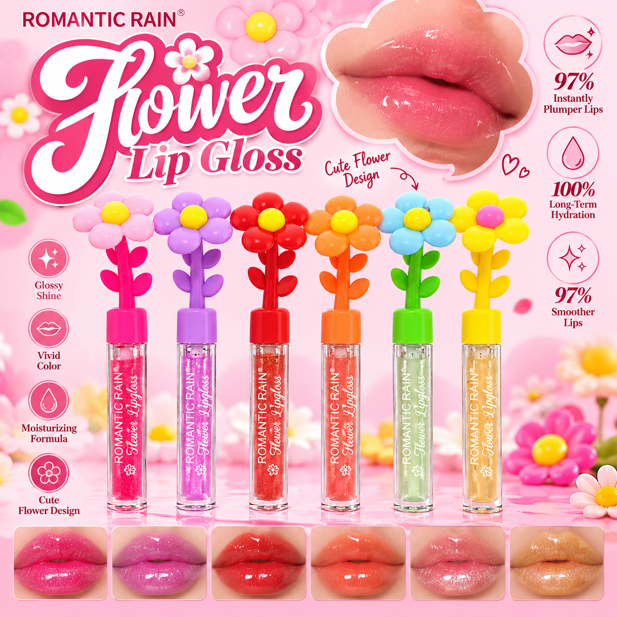 Romantic Rain Flower Design Glitter Lip Gloss