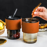 Coffee Or Tea Mug Cup With Drinking Straw Lid and PU Leather Sleeve