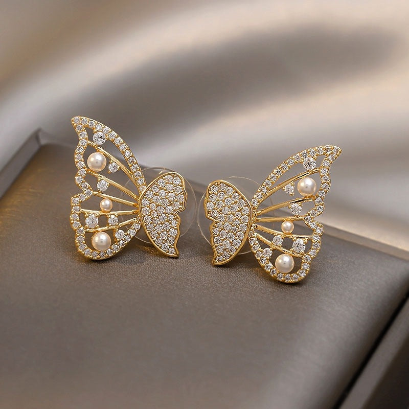 Korean Butterfly Stimulation Pearl & Stone Front & Back Stud Earrings
