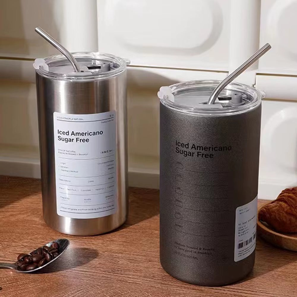 Stainless Steel Ice Americano Coffee Mug Double Lid Thermal Mug With Straw 600ml