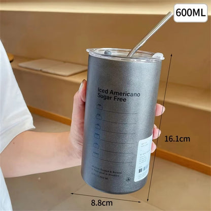 Stainless Steel Ice Americano Coffee Mug Double Lid Thermal Mug With Straw 600ml