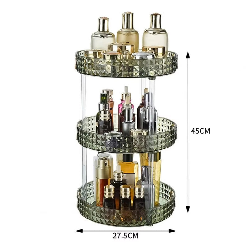 Crystal Clear Diamond Cut Acrylic 3 Layer Rotating Makeup Organizer