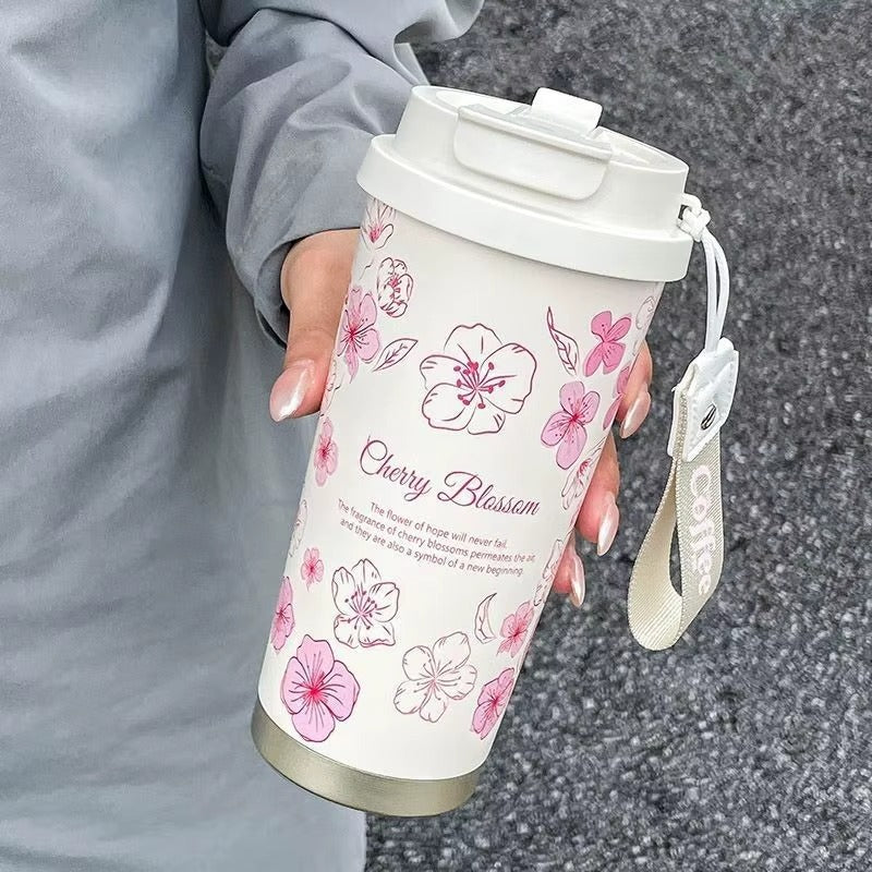 Stainless Steel Vacuum Flask Insulated Floral Coffee Mug With Straw 500ml