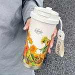 Stainless Steel Vacuum Flask Insulated Floral Coffee Mug With Straw 500ml