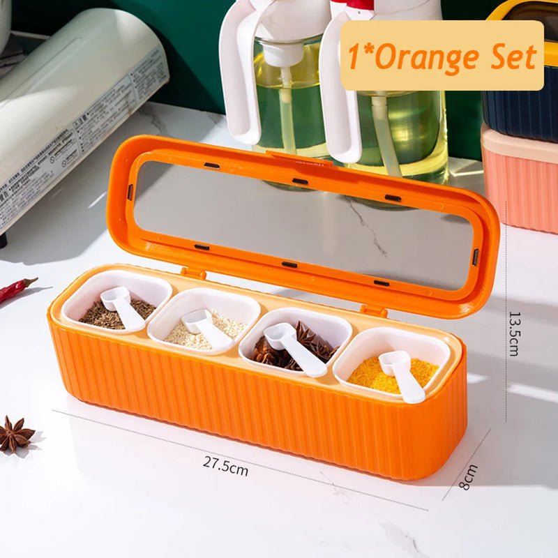 Multifunctional 4 Grids Spice Jar Seasoning Box With Moisture Proof Transparent Lid