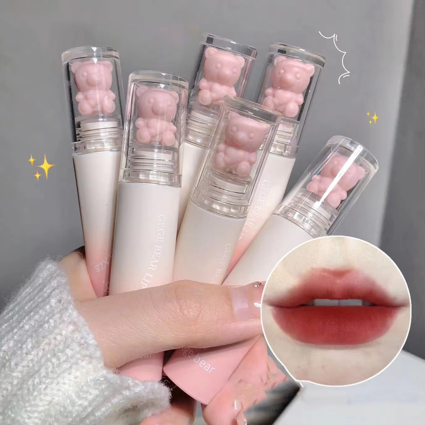 Gege Bear Pink Bear Lip Glaze Matte Lipgloss 6Pcs Set