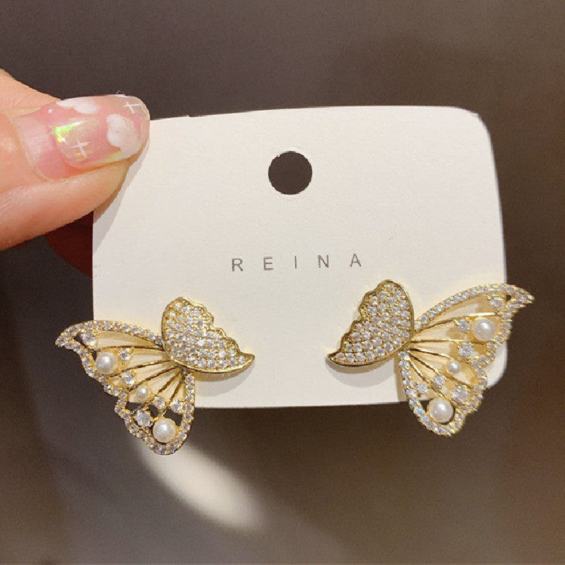 Korean Butterfly Stimulation Pearl & Stone Front & Back Stud Earrings