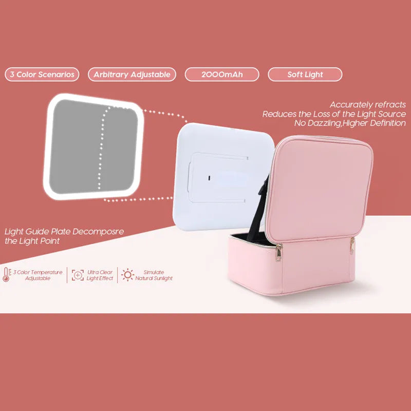 Professional Portable LED Makeup Cosmetics Travel Makeup Artist Storage Bag With Multiple Compartment And Mirror