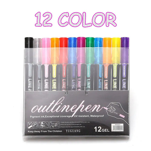 Outline Pen Double Line Contour Art Marker Pen Glitter Sparkle Highlighter Pack of 12