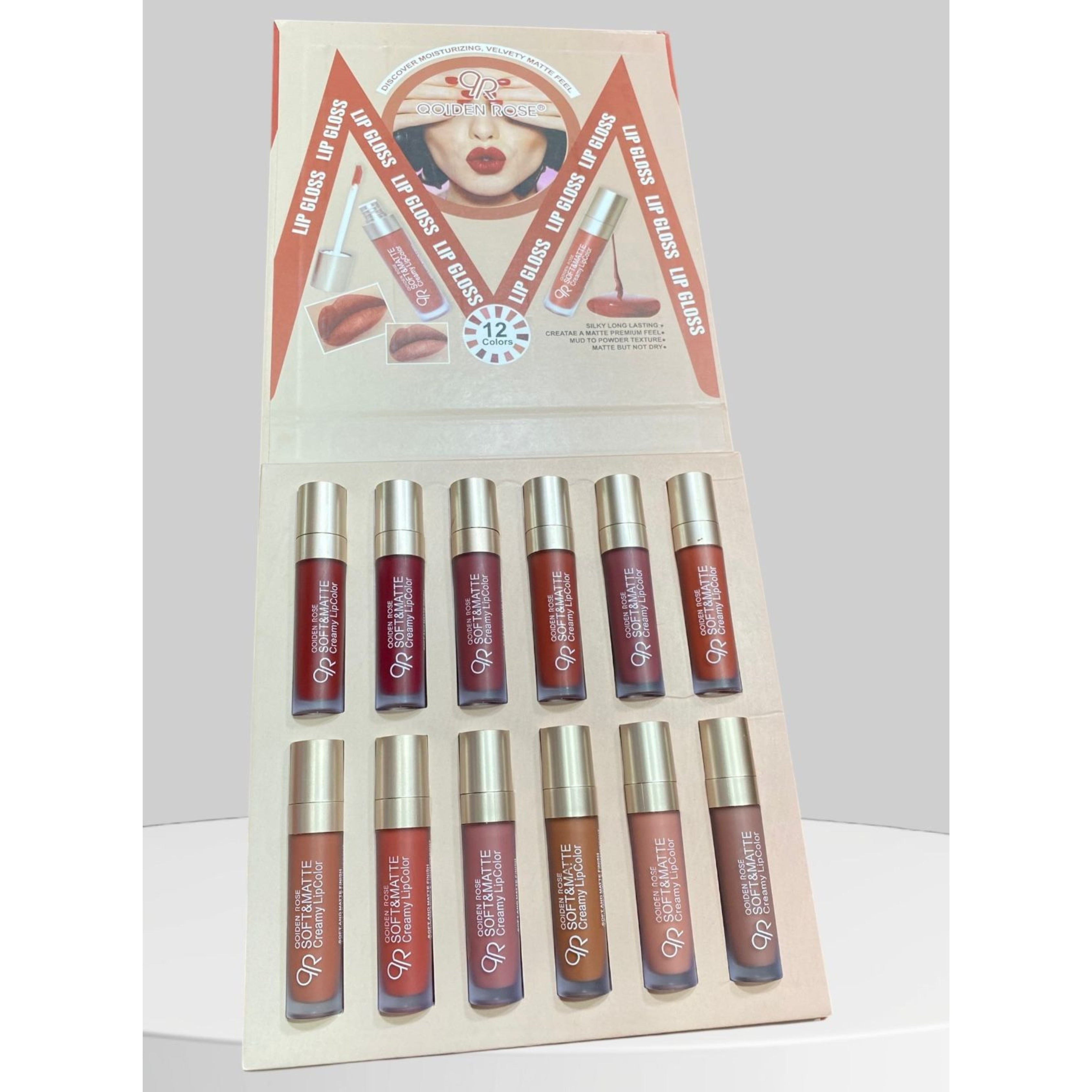 Qoiden Rose 12pcs Matte Lip Gloss Tray