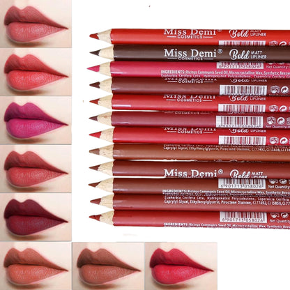 Miss Demi Matte Creamy Lip Liner Pencil – Long Stay, Smudge Free & Waterproof (12 Smooth Shades Set)