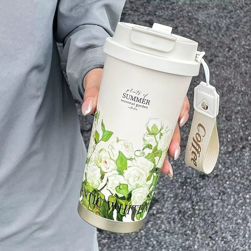 Stainless Steel Vacuum Flask Insulated Floral Coffee Mug With Straw 500ml