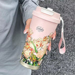 Stainless Steel Vacuum Flask Insulated Floral Coffee Mug With Straw 500ml