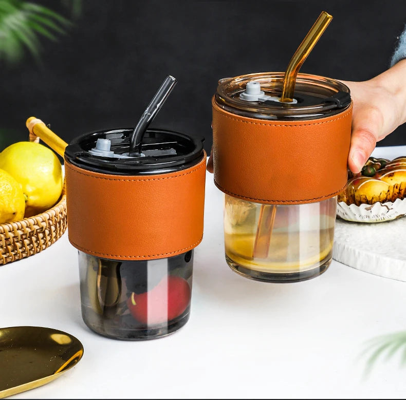 Coffee Or Tea Mug Cup With Drinking Straw Lid and PU Leather Sleeve