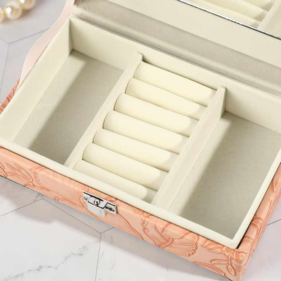 Multipurpose Luxury Self Textured Leather Jewelry Case Medium Size With Mirror BT-06