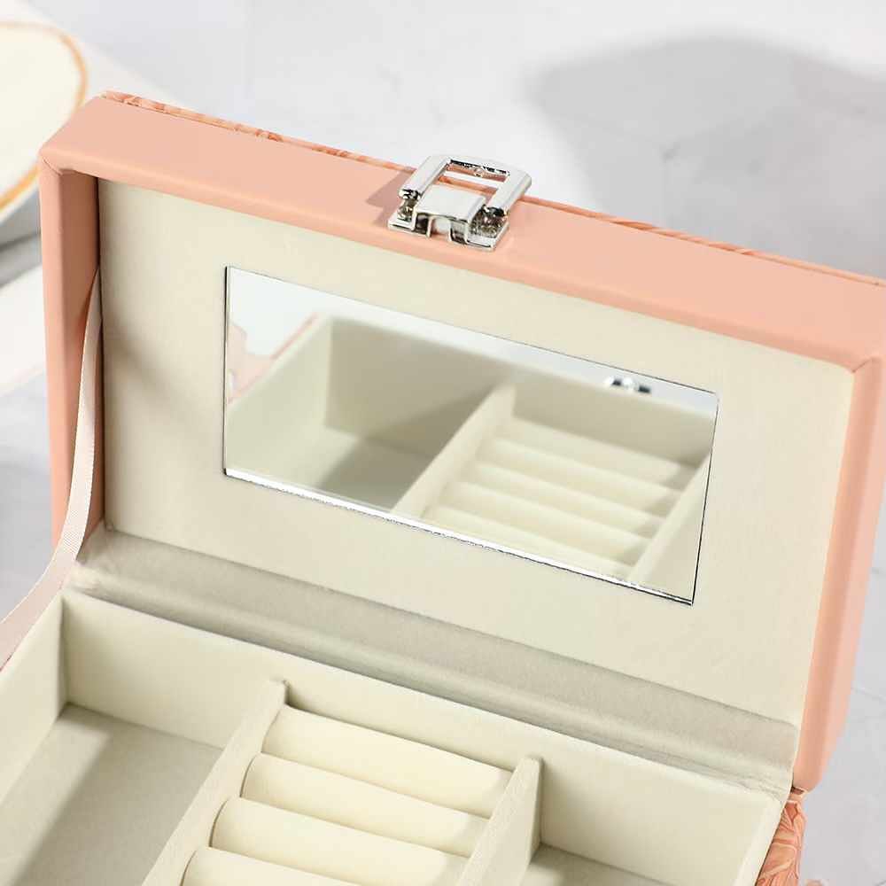 Multipurpose Luxury Self Textured Leather Jewelry Case Medium Size With Mirror BT-06