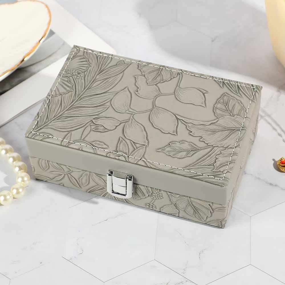 Multipurpose Luxury Self Textured Leather Jewelry Case Medium Size With Mirror BT-06