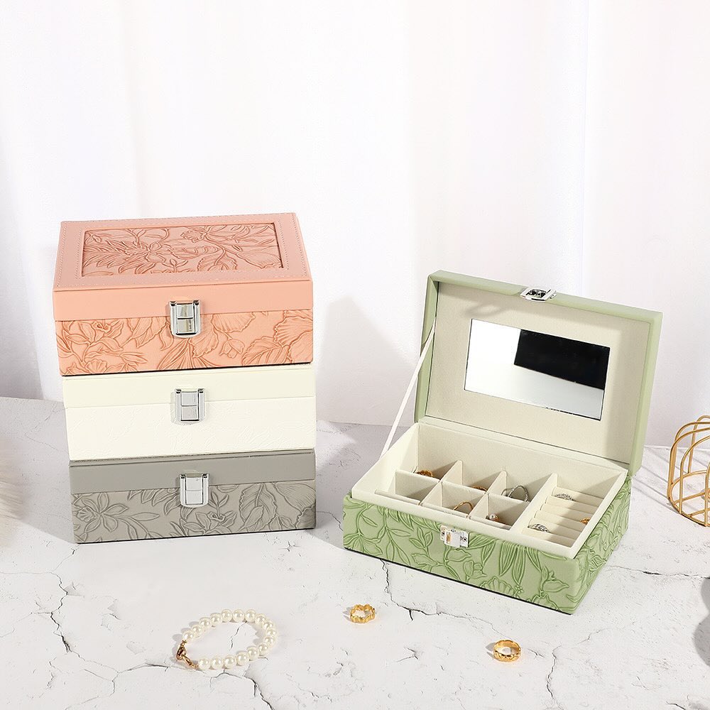 Multipurpose Luxury Self Textured Leather Jewelry Case Small Size With Mirror BT-05