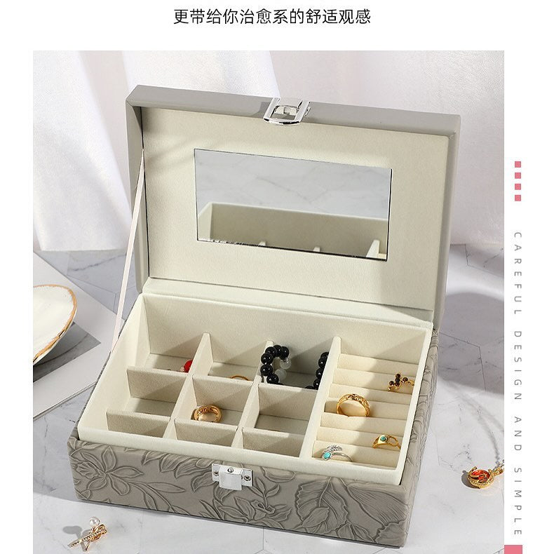 Multipurpose Luxury Self Textured Leather Jewelry Case Small Size With Mirror BT-05