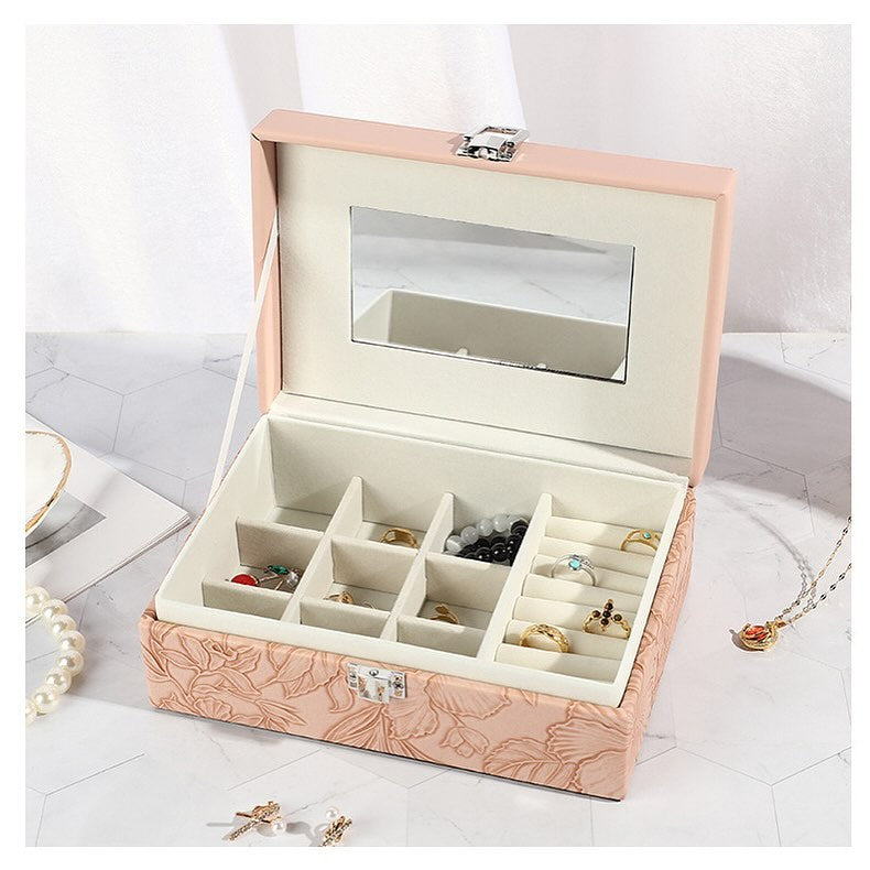 Multipurpose Luxury Self Textured Leather Jewelry Case Small Size With Mirror BT-05