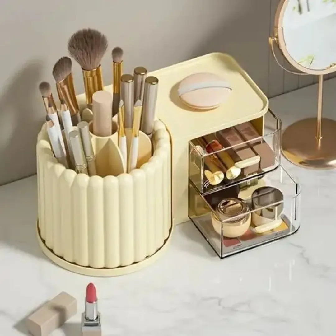 Multipurpose Nordic Style 360° Rotating Makeup Brush Holder Storage Box With Multiple Compartments Organizer