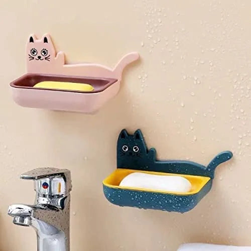 Wall Mounted Self Adhesive Double Layer Cat Shaped Soap Holder Organizer