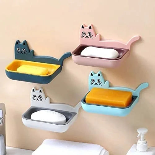 Wall Mounted Self Adhesive Double Layer Cat Shaped Soap Holder Organizer