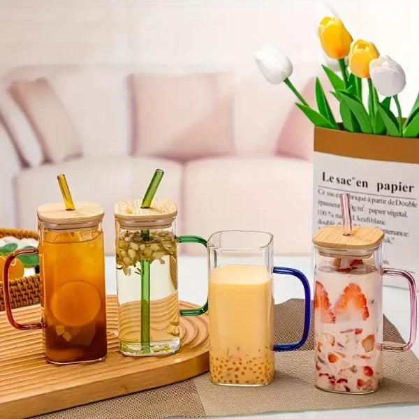 Transparent Borosilicate Glass Mug With Lid And Straw