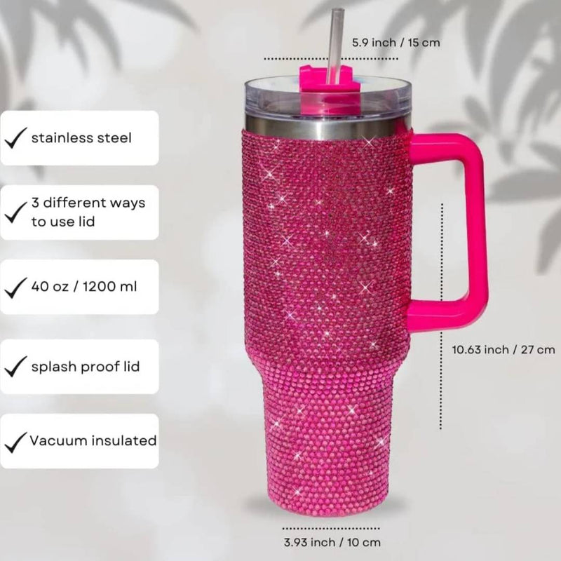 Stainless Steel 40oz Rhinestone Tumbler Straw Cup Glitter With Straw Lid And Handle