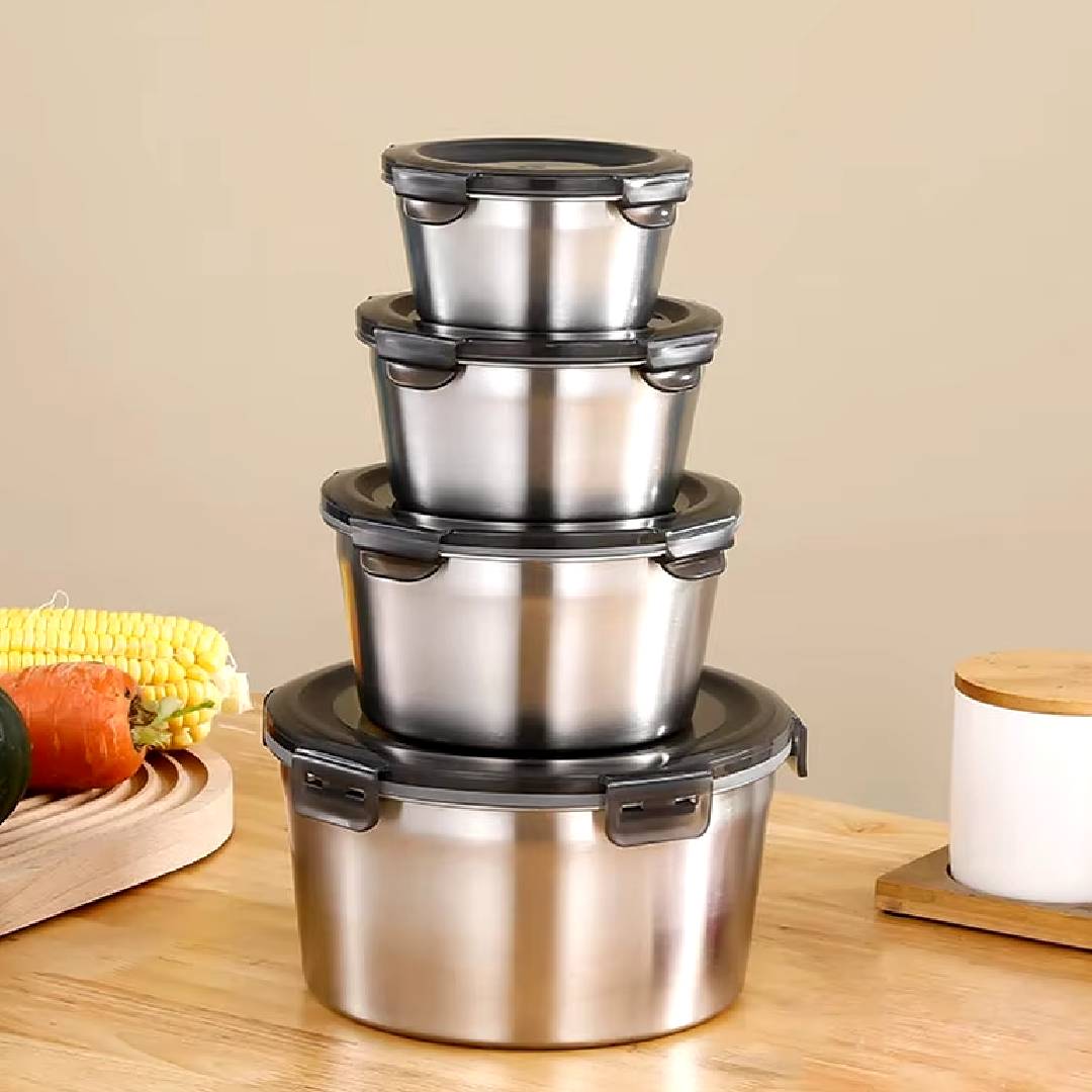 Stainless Steel Round Food Storage Containers With Lid 4Pcs Set