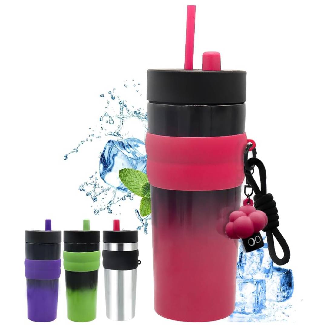 Stainless Steel Thermal Mug with Lid and Straw Leak-Proof Tumbler With Holding Strap 500ml