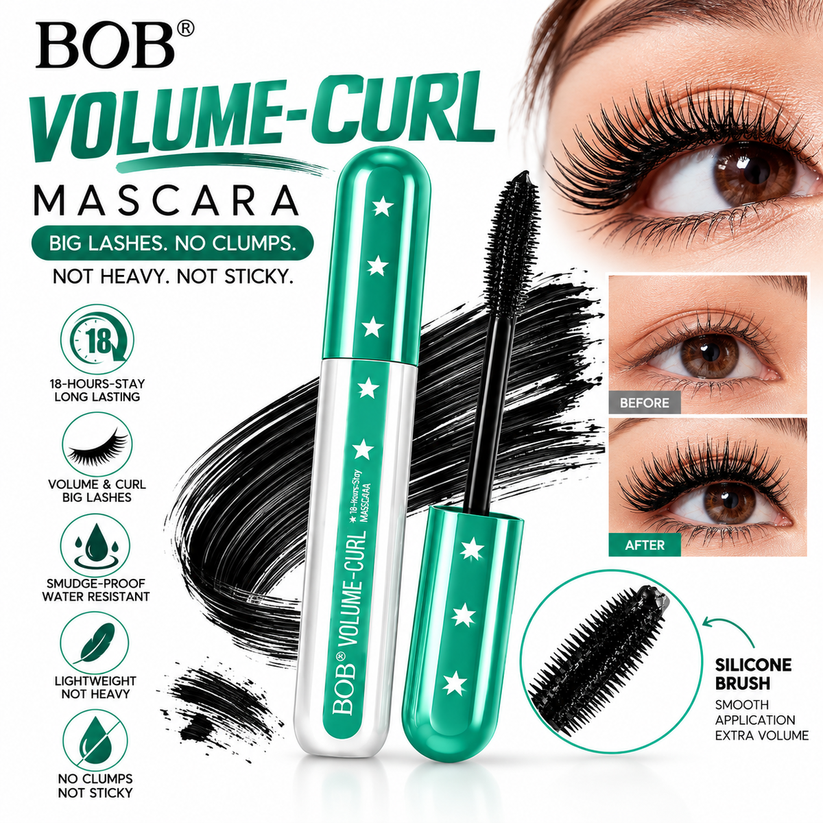BOB Volume-Curl Mascara – 18-Hour Stay, Lash Defining & Volumizing