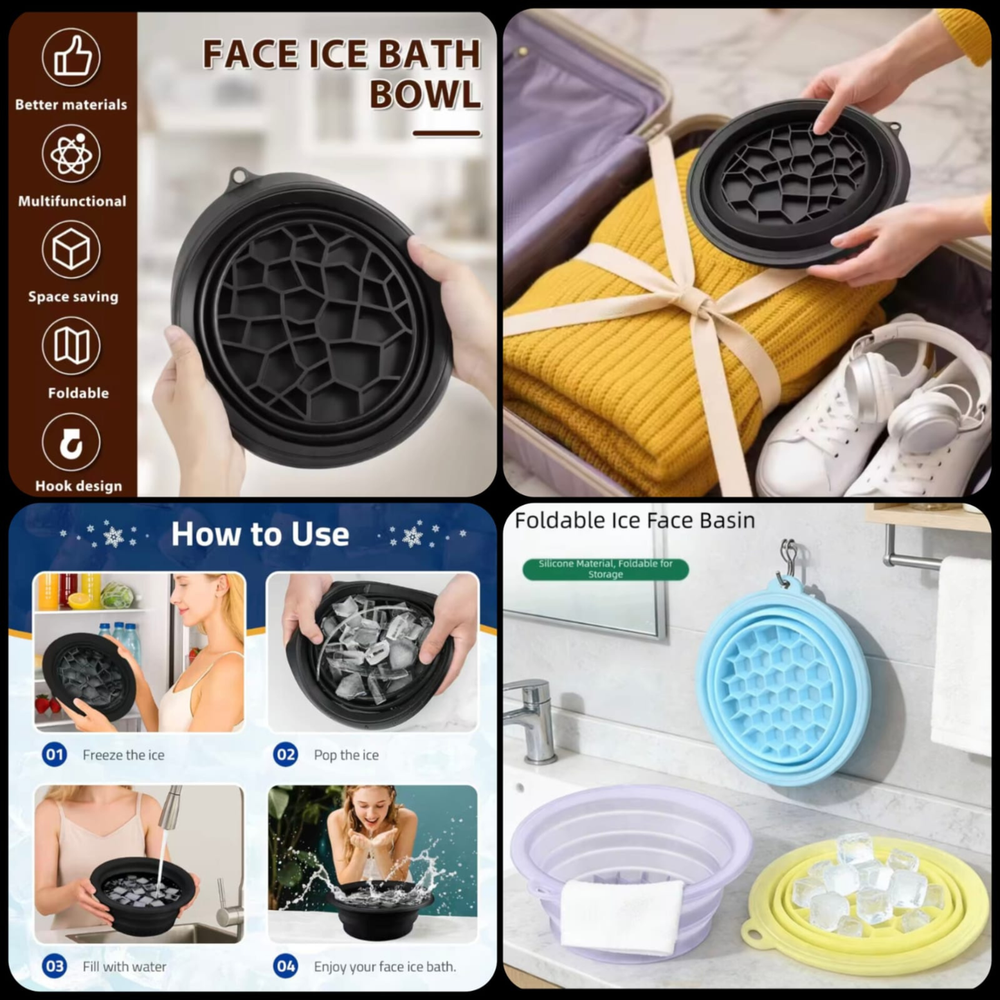 Face Ice Bath Bowl With Built-In Ice Tray Collapsible Silicone