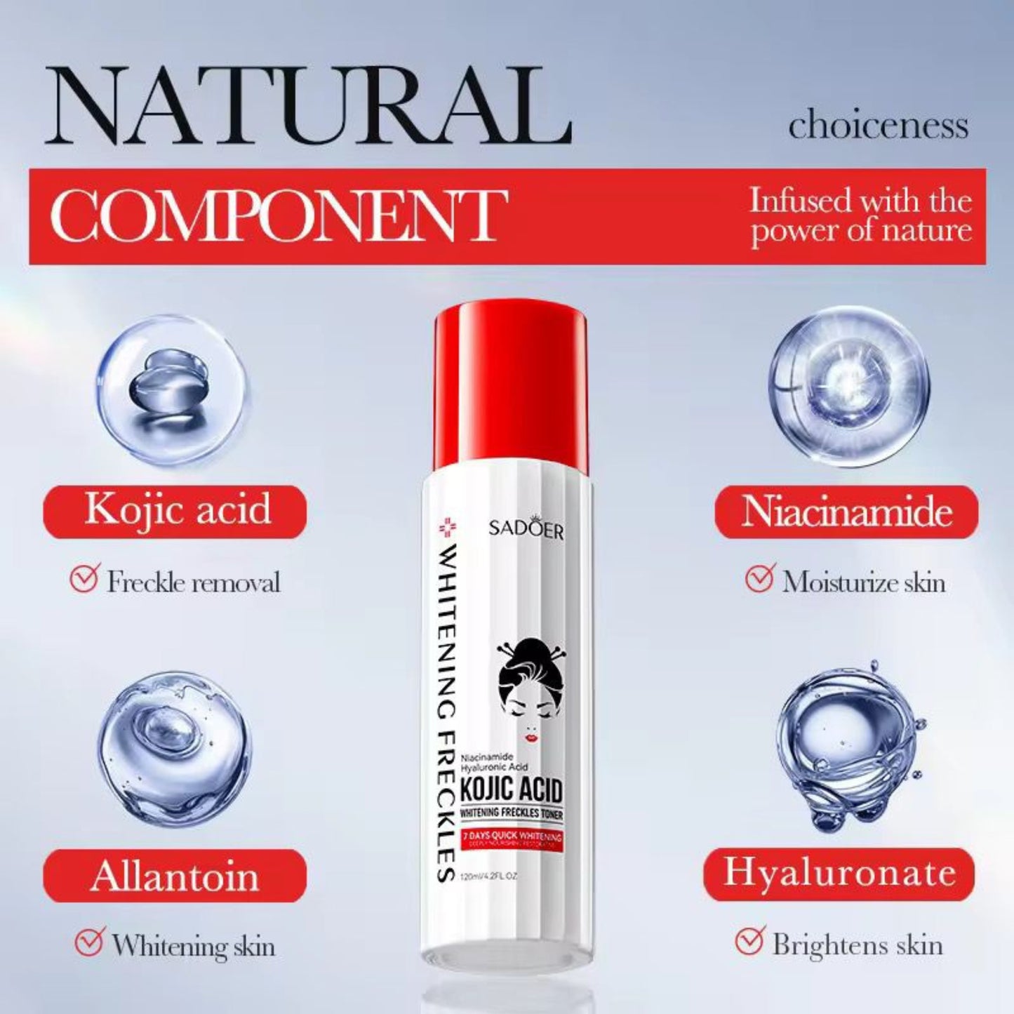 Sadoer Hyaluronic Acid Moisturizing Hydrating Dark Skin Brightening Lightening Refreshing Kojic Acid Facial Toner