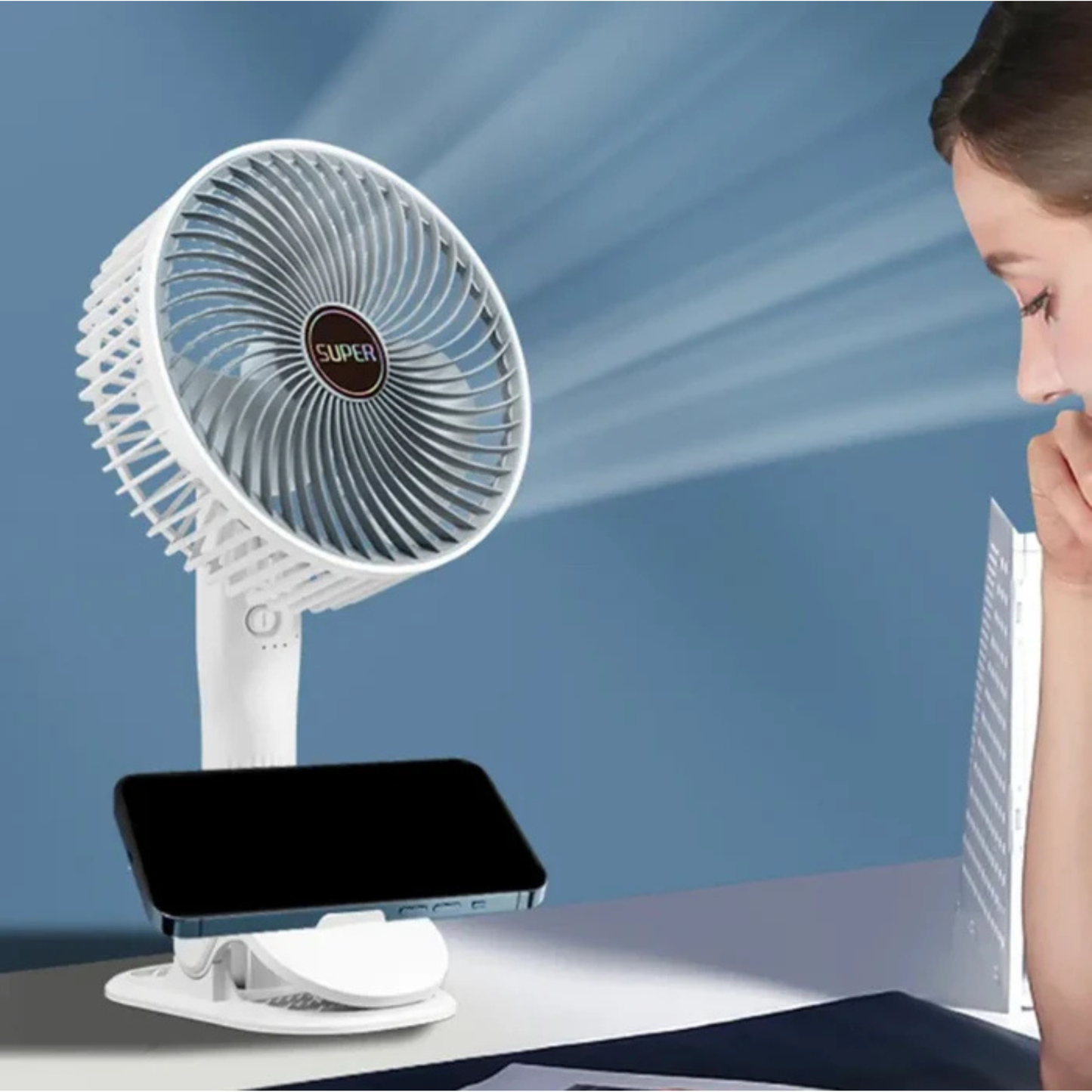 Portable Small Clip Fan With Phone Stand Lightweight Mini Handheld Cooling Fan Rechargeable Table Fan