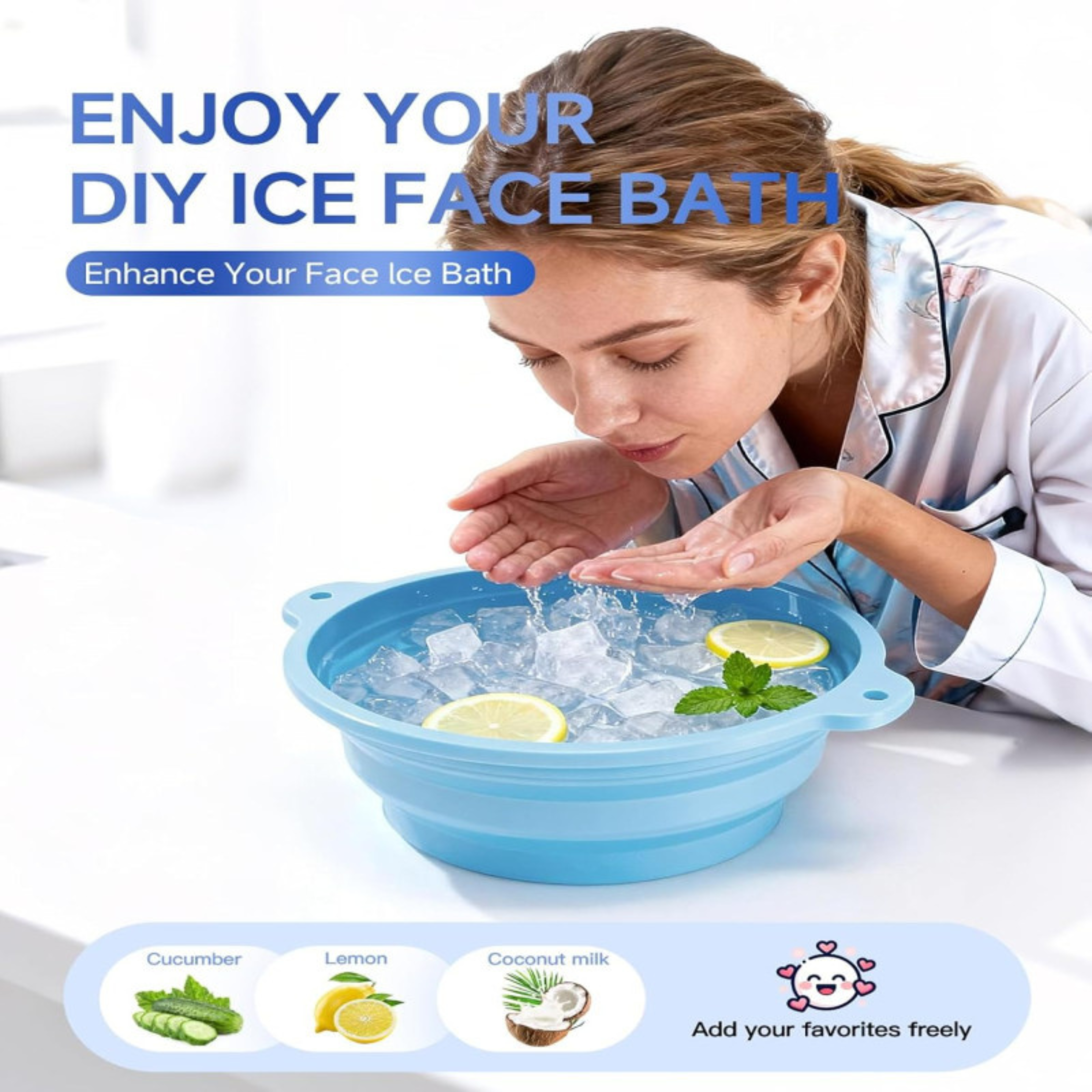 Face Ice Bath Bowl With Built-In Ice Tray Collapsible Silicone