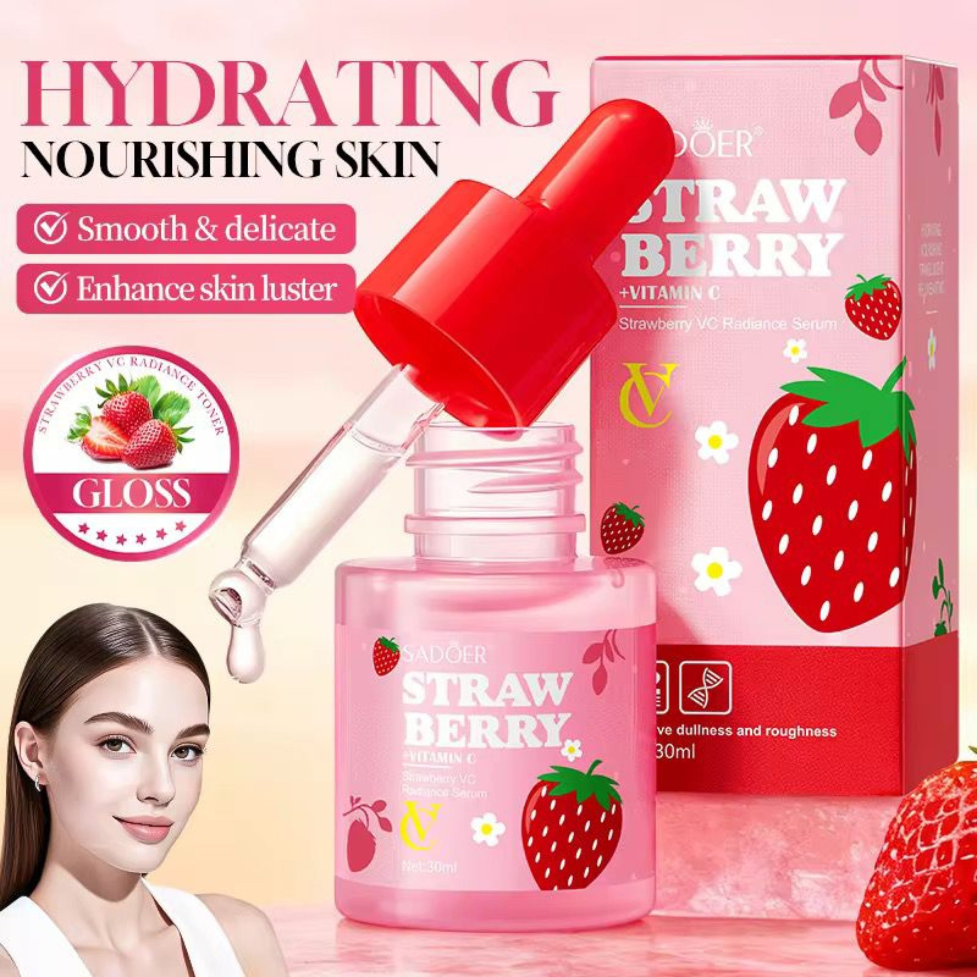 Sadoer Strawberry Extract VC Skin Care Serum Hyaluronic Acid Intense Moisturizing Strawberry Serum