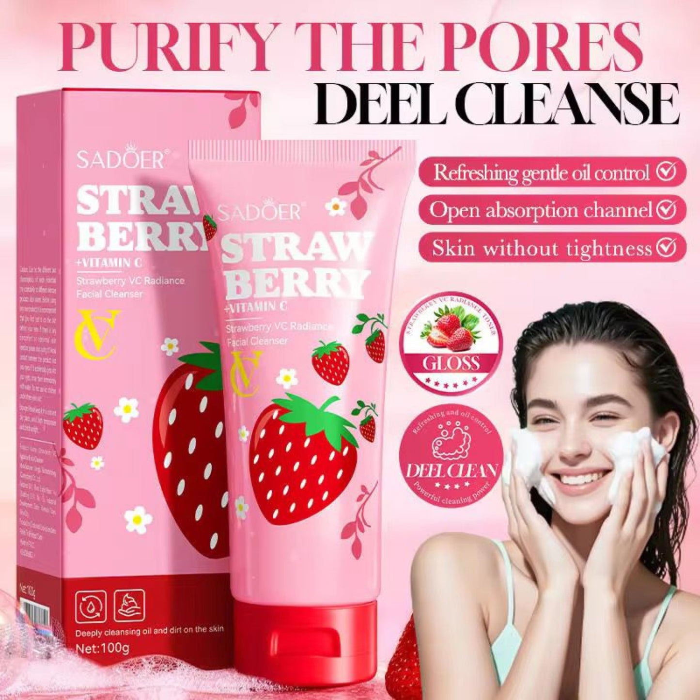 Sadoer Strawberry Vitamin C Facial Face Wash Deep Cleansing Oil Balancing