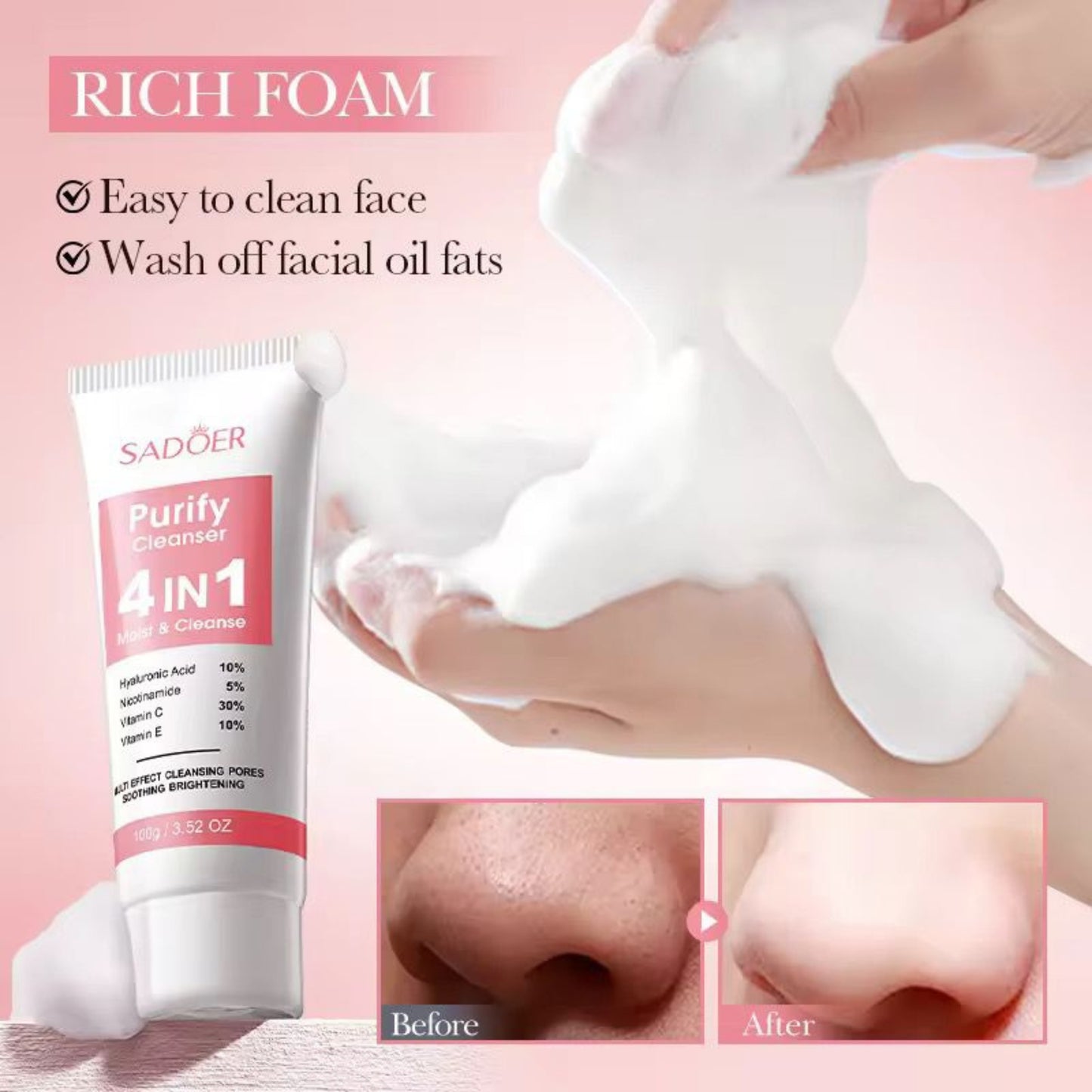 Sadoer 4 In1 Facial Cleanser Whitening Brightening Moisturizing Deep Cleansing Oil Control Facial Cleanser Skin Care Face Wash Cleanser