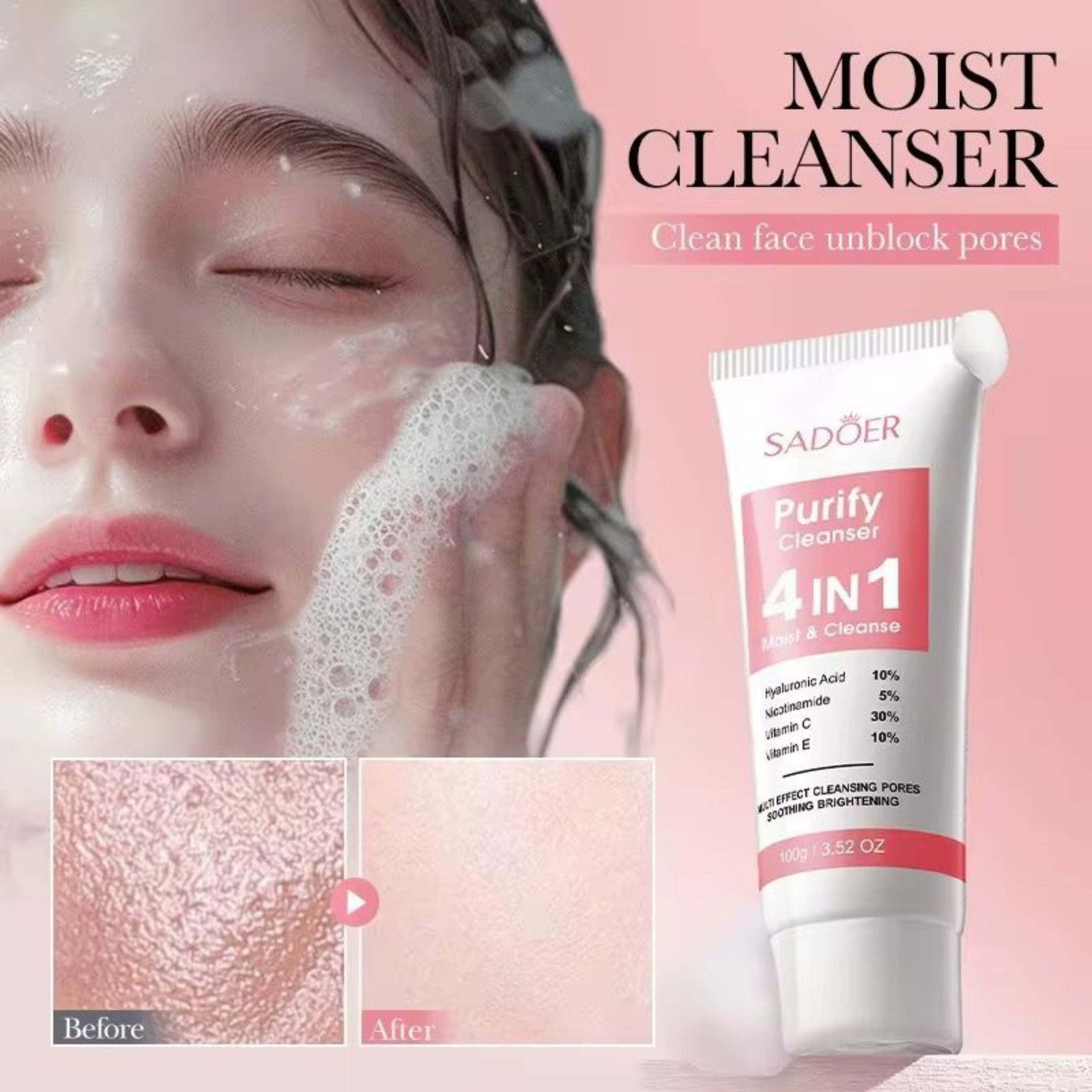 Sadoer 4 In1 Facial Cleanser Whitening Brightening Moisturizing Deep Cleansing Oil Control Facial Cleanser Skin Care Face Wash Cleanser
