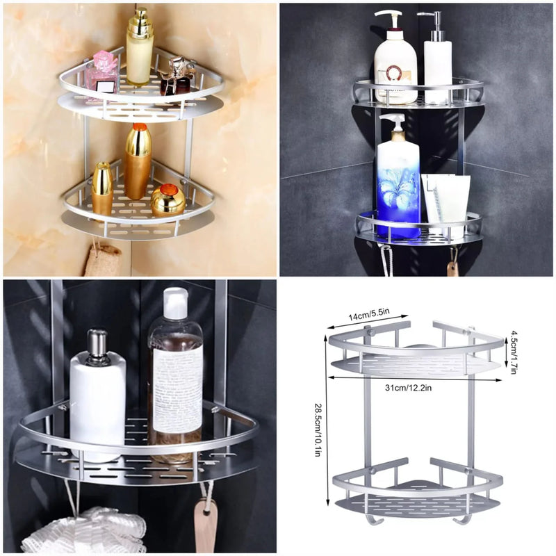 2 Layer Aluminum Wall Mounted Bathroom Corner Shelf Rack Organizer